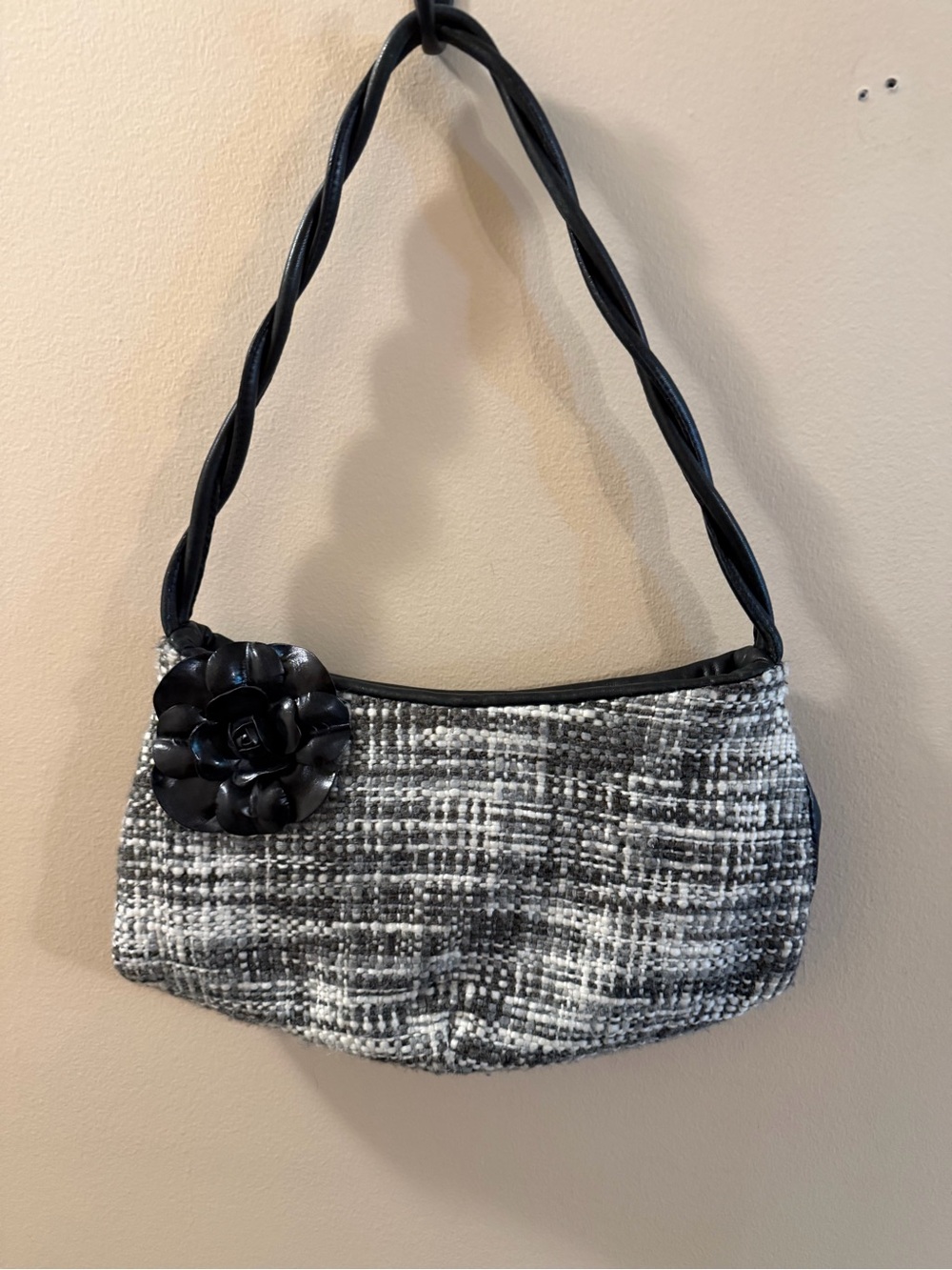 Paolo Masi Black & Gray Tweed and Italian Leathee Shoulder Bag with Flower